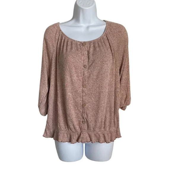 W5 Medium Metallic Rose Knit Blouse with Ruffle Hem and Button Front - Picture 1 of 5